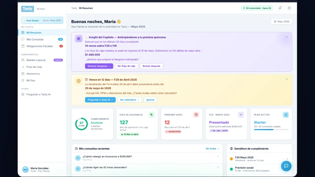 Panel de Taxly: resumen de cumplimiento, vencimientos y consultas